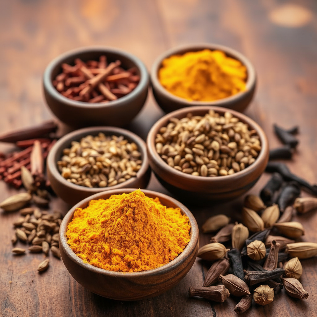 cumin seeds, ground coriander, cardamom powder, turmeric powder